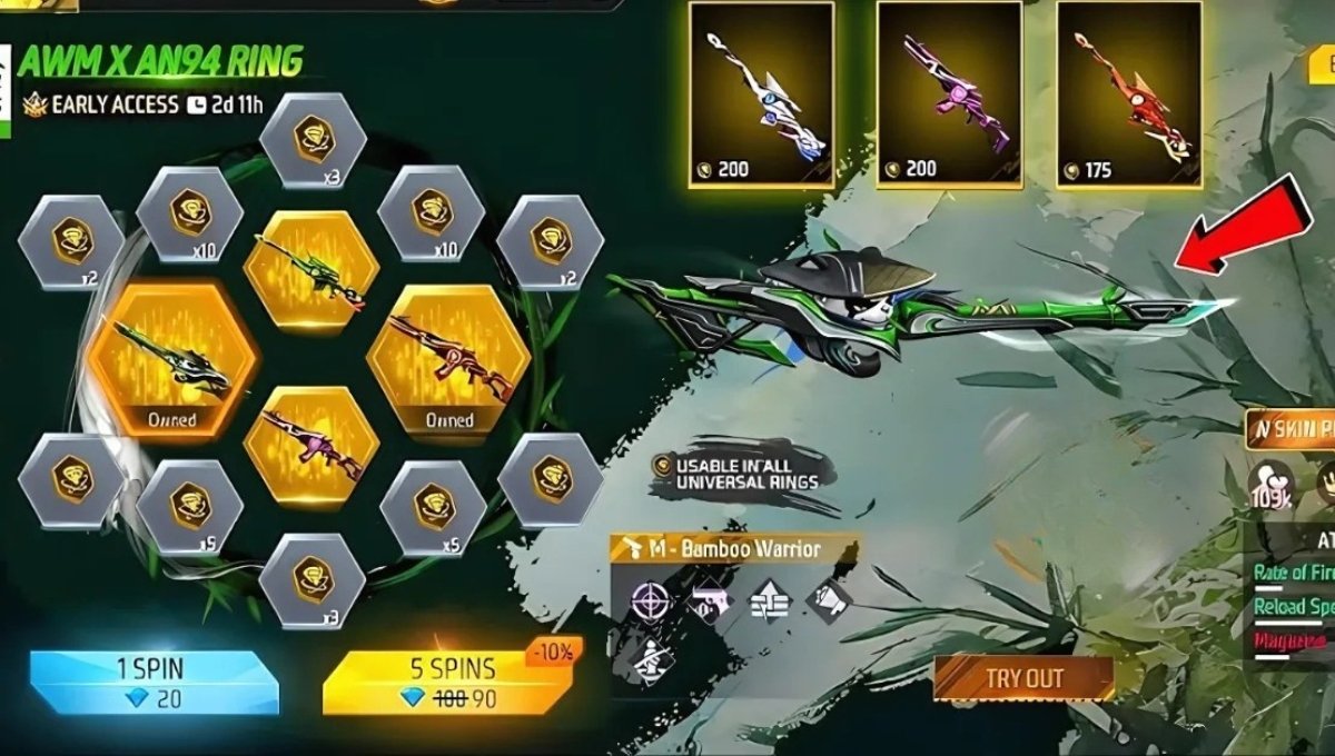 AWM x AN94 Ring Event Free Fire: 1 स्पिन ट्रिक से जीतें Mossy Vinehorn और Wildfire Bolt